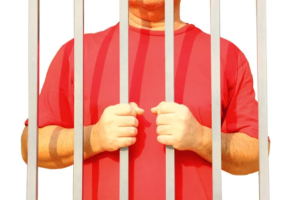 Man Red Cloth Standing Grille Prisoner Holding Grille Isolate White — Stock Photo, Image