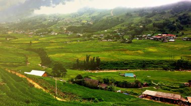 Mu Cang CHAI pirinç tarlaları, yağmurlu mevsimlerde pirinç terası. doğa yeşili en iyi ortam SAPA VIETNAM .