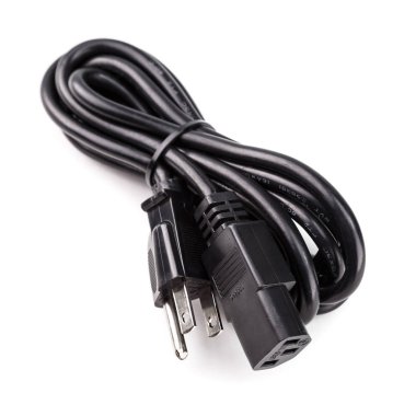 Siyah güç kablo kablosu beyaz arka planda izole (bize 3-Prong PC sunucusu Için birçok elektrik ev ofis endüstriyel cihaz)
