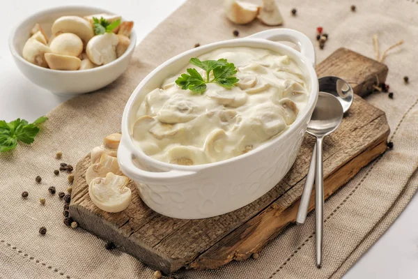 Thick Creamy Sauce Mushrooms Deep White Sauce Pot Stands Wooden — Stock Photo, Image