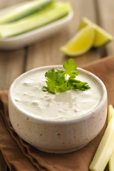 Blue Cheese Sauce Portion Fresh Vegetables Lime Green Parsley Wooden — Stock Photo, Image