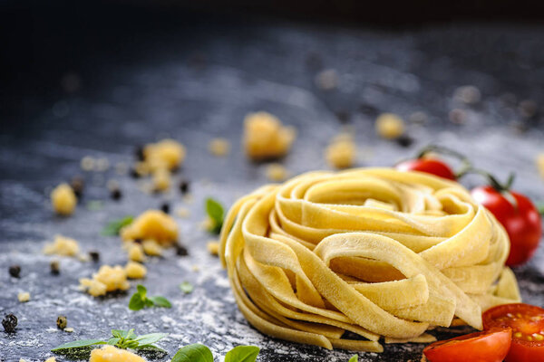 Homemade Cooked Pasta. Colored fettuccine. 