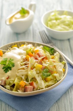 Jambon ve peynir ve mayonez sosu ile karıştırın taze sebze salatası. Derin bir kapta büyük bir porsiyon. Yemeye hazırım. Yakın ve dikey yönlendirme. 