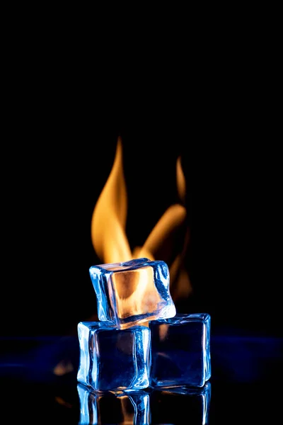 Transparent Ice Cubes Black Background Fire Creative Concept Design Close — Stock Photo, Image