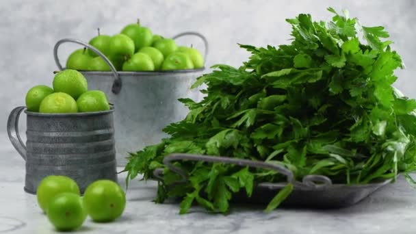 Ripe Fresh Juicy Fruits Green Plum Harvested Storage Preparation Close — Stock Video