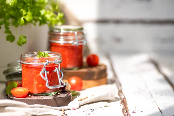 Tomato Salsa Glass Jar Homemade Spicy Tomato Sauce Chilli Garlic — Stock Photo, Image