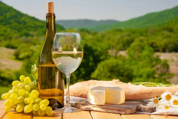 Outdoor picnics in the mountains. A picnic table set with white wine, cheese, fruits, grapes and bread stands in a meadow in green grass. The concept of secluded outdoor recreation