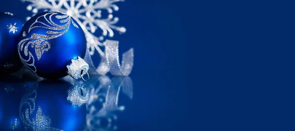 Blue Silver Christmas Ornaments Dark Blue Xmas Background — Stock Photo, Image