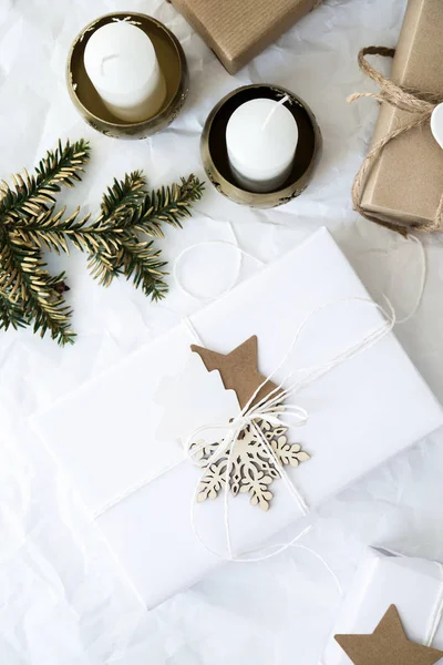 Christmas Handmade Gift Boxes White Crumpled Background Top View Merry — Stock Photo, Image