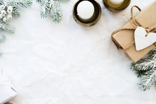 Scatole Regalo Fatte Mano Natale Sfondo Bianco Sgualcito Vista Dall — Foto Stock