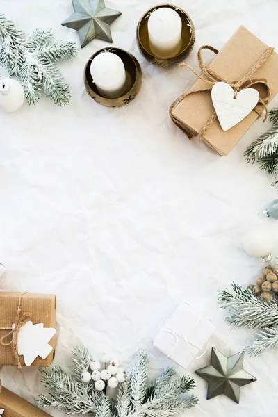 Christmas Handmade Gift Boxes White Crumpled Background Top View Merry — Stock Photo, Image