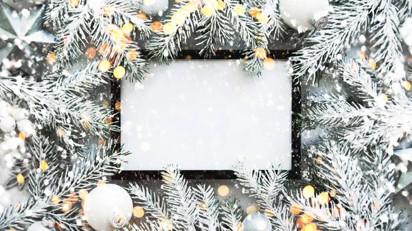 Sfondo Cornice Natale Con Albero Natale Decorazioni Natalizie Buon Natale — Foto Stock