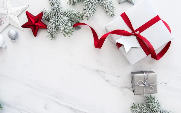 Christmas Silver Handmade Gift Boxes White Marble Background Top View — Stock Photo, Image