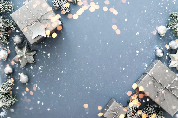 Karácsony Ezüst Kézzel Készített Ajándék Dobozok Felső Kék Háttér Nézd — Stock Fotó
