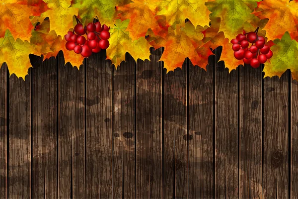 Осенний Фон Доска Темного Дерева Опавшими Листьями Ягодами — стоковое фото