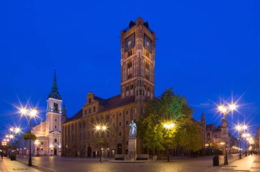 Torun'da tarihi şehir merkezi. Astronom Nicolaus Copernicus ve Belediye Binası heykeli. Torun, Polonya