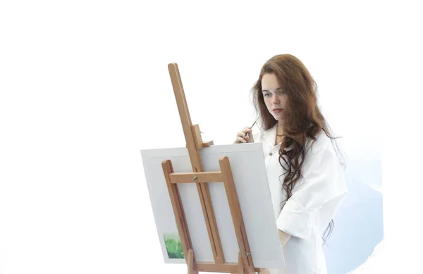 Young Woman Artist Painting Masterpiece Easel Isolated White Background — Stock Photo, Image