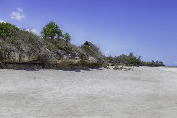 Mavi gökyüzü altında kayalık uçurum ile beyaz tropikal kumlu plaj