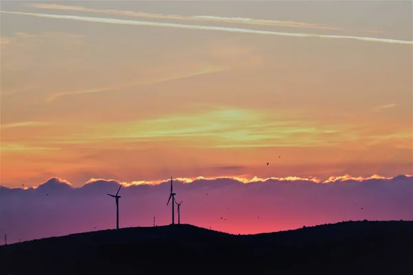 Éoliennes Sur Fond Magnifique Coucher Soleil Coloré Dans Silhouette Premier — Photo