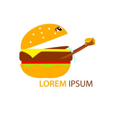 Komik kedi burger logosu. Hamburger logo vektör illüstrasyonu.