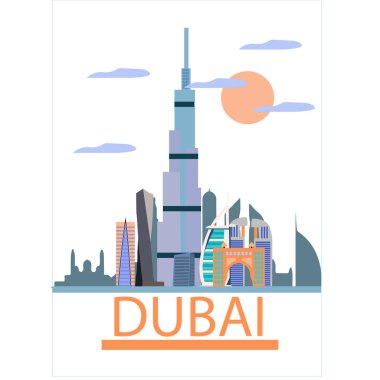 Birleşik Arap Emirlikleri 'ndeki Dubai şehrinin basit düz stil çizimi. Burç Halife, Burç Al Arap, Dubai Atlantis ve önemli yüksek binalar gibi ünlü binalar.