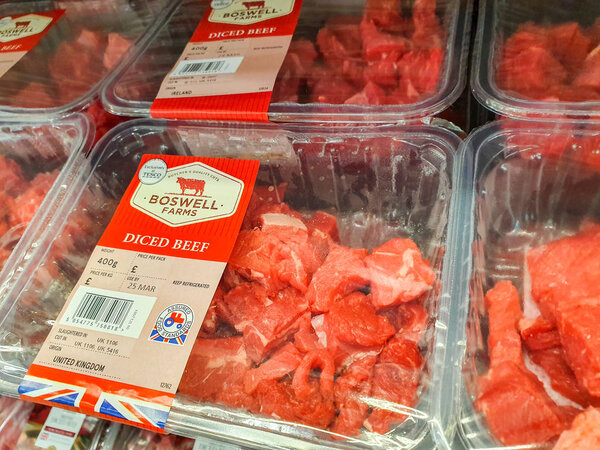 SHEFFIELD, UK - 20TH MARCH 2019: Boswell Farms diced beef for sale inside a Tesco supermarket in Sheffield, UK