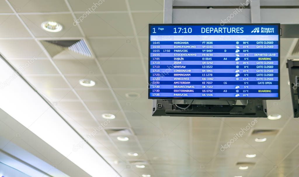 Departures Board at Prague Airport showing flights to other countries around the world