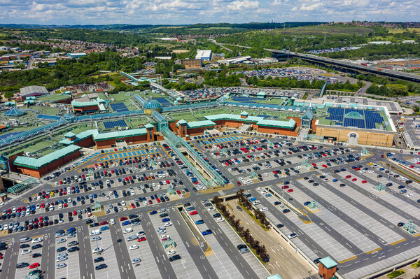 Aerial image of Meadowhall, one of the largest shopping malls in the UK in Summer 2019