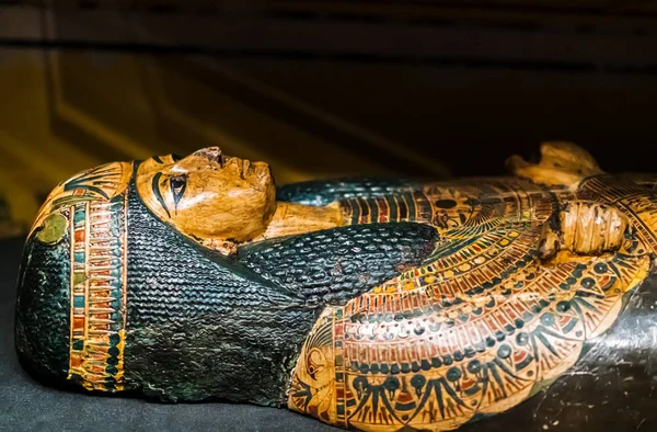 Ancient sarcophagus on display with a beautiful green and gold decoration from the ancient Egyptian period — Stock Photo, Image