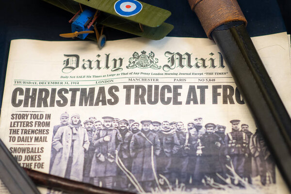 Doncaster, UK - 28th July 2019: Newspaper from Christmas WW1 showing the temporary truce. Daily Mail December 31 1914