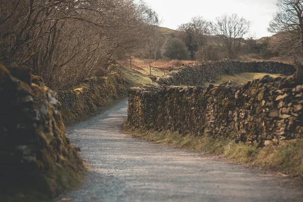 Estrada típica do campo inglês no norte da Inglaterra, inverno da manhã — Fotografia de Stock