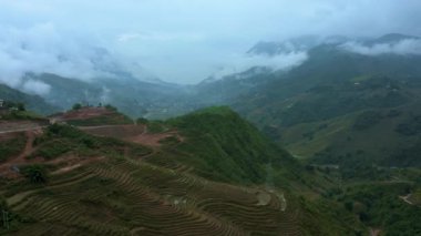 Aerial drone footage of rice terraces in Sapa, Northern Vietnam -October 2019