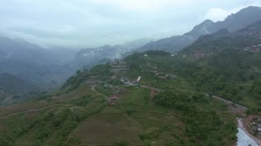 Aerial drone footage of rice terraces in Sapa, Northern Vietnam -October 2019