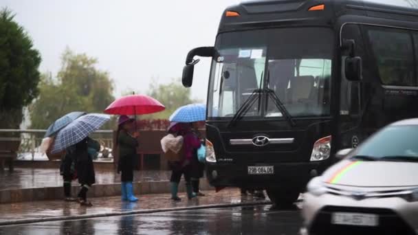 Sapa, Vietnam - 13 de octubre de 2019: Mujeres locales de Sapa esperan a que los turistas bajen del autobús bajo la lluvia para vender sus productos — Vídeos de Stock