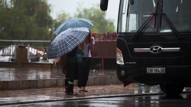 Sapa, Vietnã - 13 de outubro de 2019: Mulheres locais do Sapa esperam que turistas saiam do ônibus na chuva para vender seus produtos — Vídeo de Stock