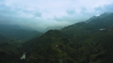 Aerial drone footage of rice terraces in Sapa, Northern Vietnam -October 2019