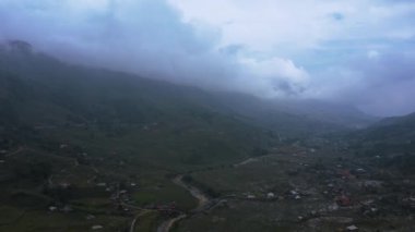 Aerial drone footage of rice terraces in Sapa, Northern Vietnam -October 2019