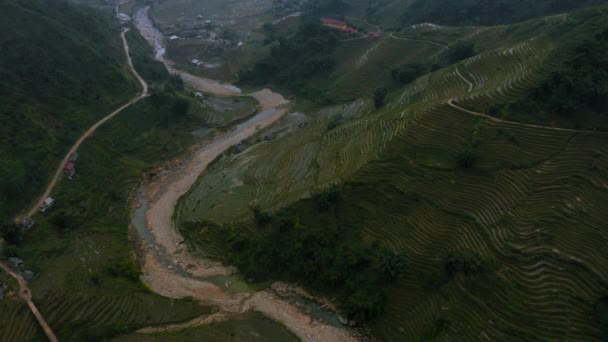 Aerial drone footage of rice terraces in Sapa, Northern Vietnam -October 2019 — 图库视频影像