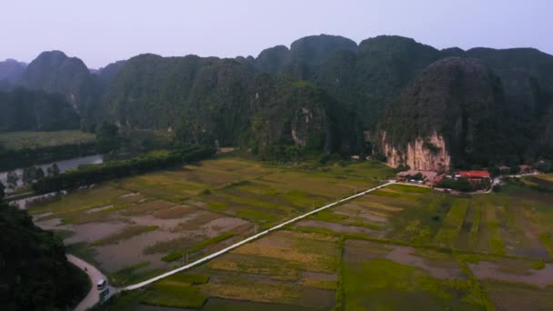 4K Aerial footage of Tam Coc homestays and rice fields during sunset in Ninh Binh province, Northern Vietnam — Stock Video