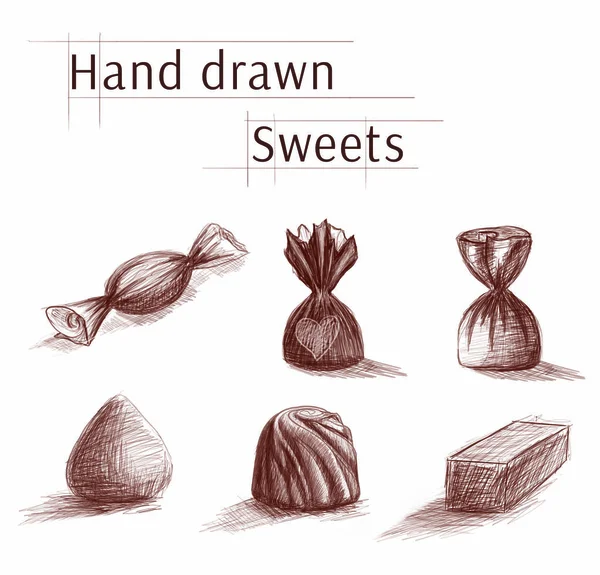 Tatlı. Şeker. El çizilmiş tatlılar, şekerlemeler seti. Monokrom El çizilmiş tatlılar. Arka planlar, tatil dekorları, paket tasarımı için uygundur