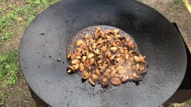 Yanan mantarları pişiriyorum. Avludaki kebaplarda ateş yakar, mantarlar kavrulur..