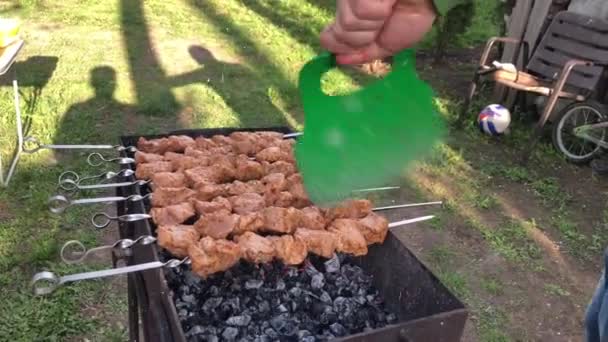 Μαγείρευα Κεμπάπ Στη Σχάρα Φλεγόμενα Κάρβουνα Στο Γκριλ Κεμπάπ Κρέας — Αρχείο Βίντεο