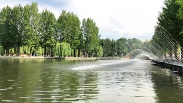 Fontein Het Meer Langs Dijk Het Park Ternopil Oekraïne — Stockvideo