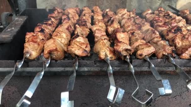 Matlagning Kött Metall Spett Färsk Biff Kebab Tillagad Över Träkol — Stockvideo