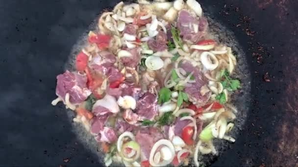 Cocinar Carne Una Fogata Carne Con Verduras Fríe Plato Metal — Vídeos de Stock