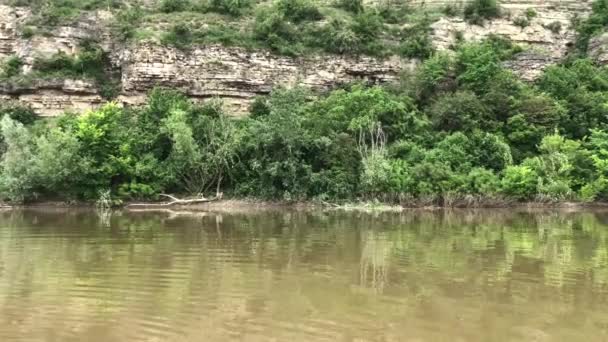 Rafting Katamaranie Wzdłuż Kanionu Rzeki Dniestru Kamieniste Zielone Wybrzeże Odbija — Wideo stockowe
