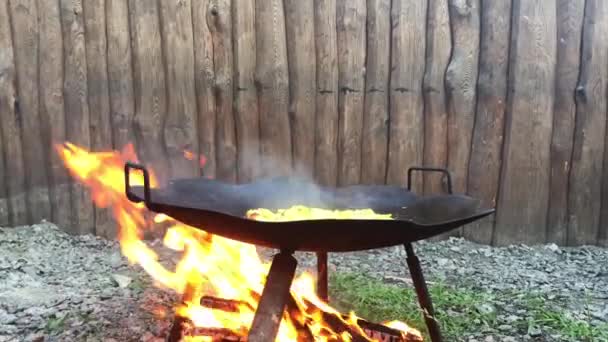 Gotowanie Ziemniaków Otwartym Ogniu Ziemniaki Smażone Metalowym Naczyniu Podczas Pikniku — Wideo stockowe
