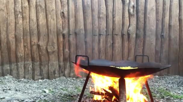 Cocinar Papas Una Fogata Abierta Las Papas Fríen Plato Metal — Vídeo de stock