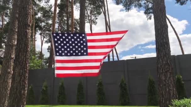 Bandiera Americana Nel Cortile Bandiera Sventola Prato Verde Cielo Blu — Video Stock