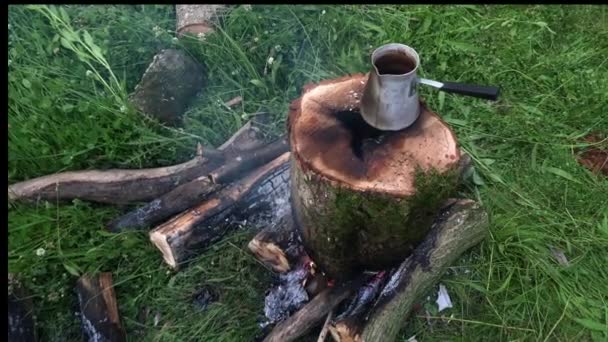 徒步旅行时 咖啡壶着火了 生活黑客 如何使咖啡在自然界 带有火焰燃烧的孔的日志 — 图库视频影像